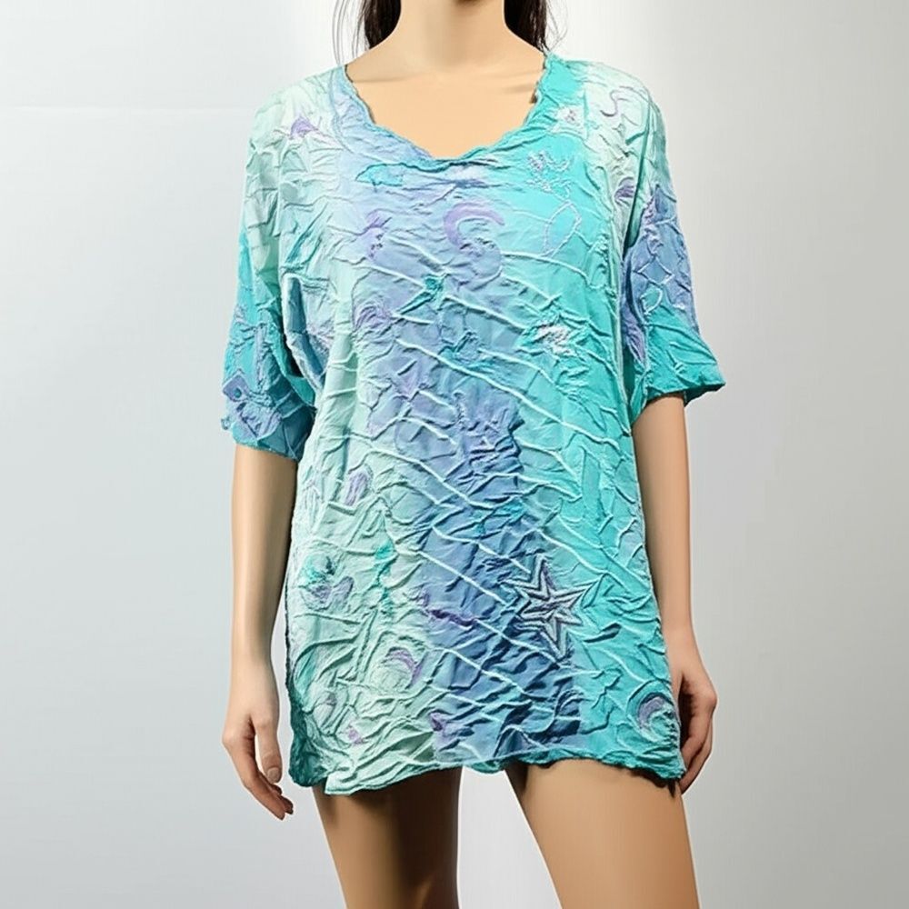 Bali Emerald Blue Ombre Scalloped Neck Size Medium Crinkle Celestial Embroidery